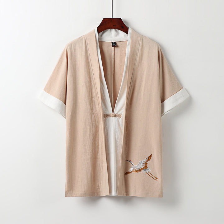 Camisa cómoda de algodón Hanfu con bordado de Buddha Stones de dos piezas para hombre, de media manga y falso cárdigan - PeachPuff - US/UK/AU54, EU64 (9XL) - image 12