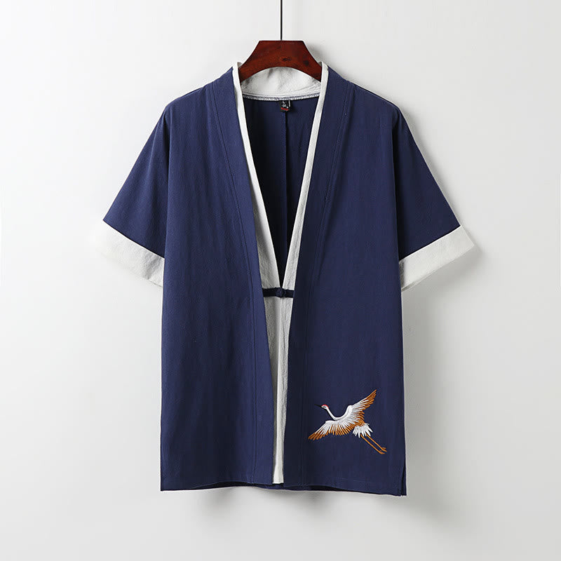 Camisa cómoda de algodón Hanfu con bordado de Buddha Stones de dos piezas para hombre, de media manga y falso cárdigan - Azul oscuro - US/UK/AU54, EU64 (9XL) - image 2