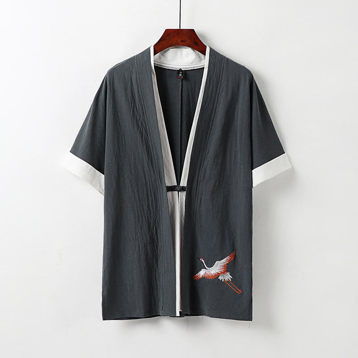 Kimono Hanfu de algodón cómodo de dos piezas para hombre con bordado de manga corta y Buddha Stones falsas - Gris - US/UK/AU54, EU64 (9XL) - image 11