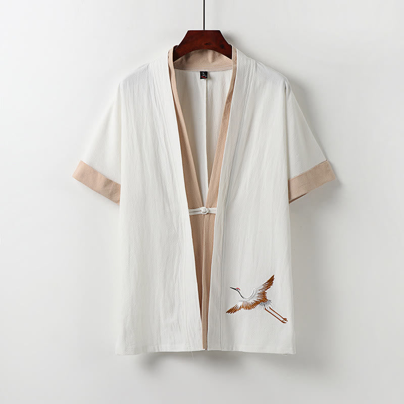 Camisa cómoda de algodón Hanfu con bordado de Buddha Stones de dos piezas para hombre, de media manga y falso cárdigan - Blanco - US/UK/AU54, EU64 (9XL) - image 0