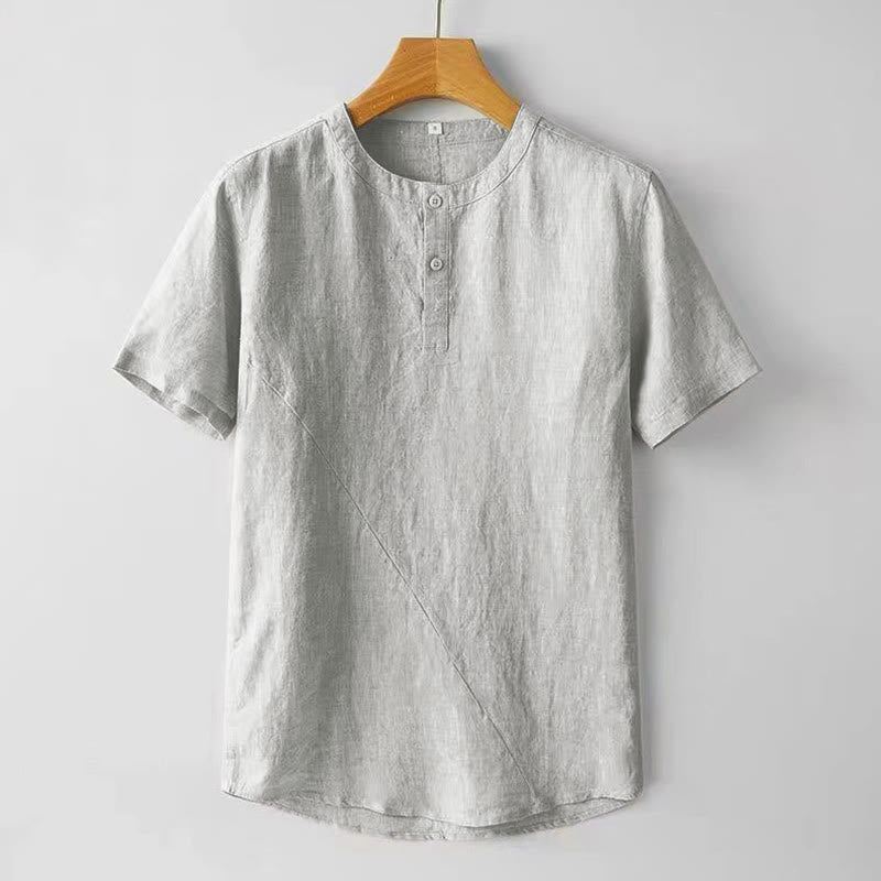 Buddha Stones Camisa de lino y algodón de manga corta con botones de color sólido para hombre de verano - Humo blanco - US/UK/AU48, UE58 (4XL) - image 8