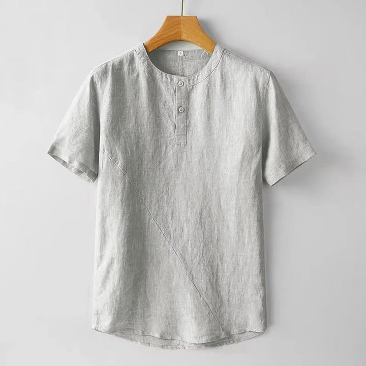 Buddha Stones Camisa de lino y algodón de manga corta con botones de color sólido para hombre de verano - Humo blanco - US/UK/AU48, UE58 (4XL) - image 8