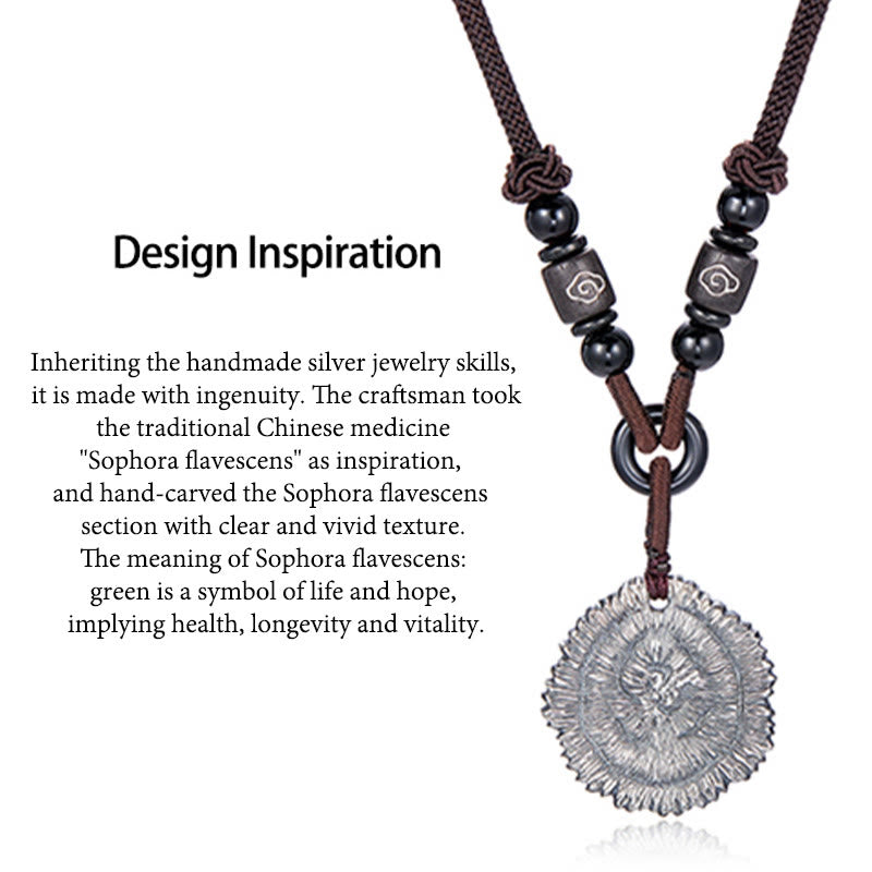 Collar con colgante de cuerda de algodón Sophora Flavescens de plata de ley 999 con Buddha Stones