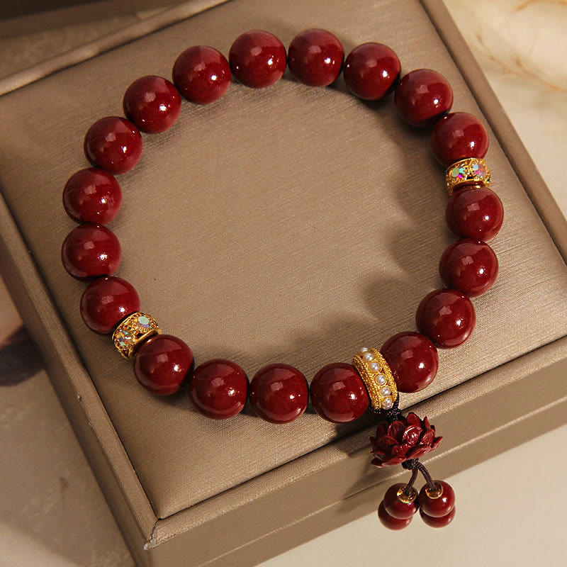 Pulsera con dijes de bendición de loto y cinabrio con Buddha Stones