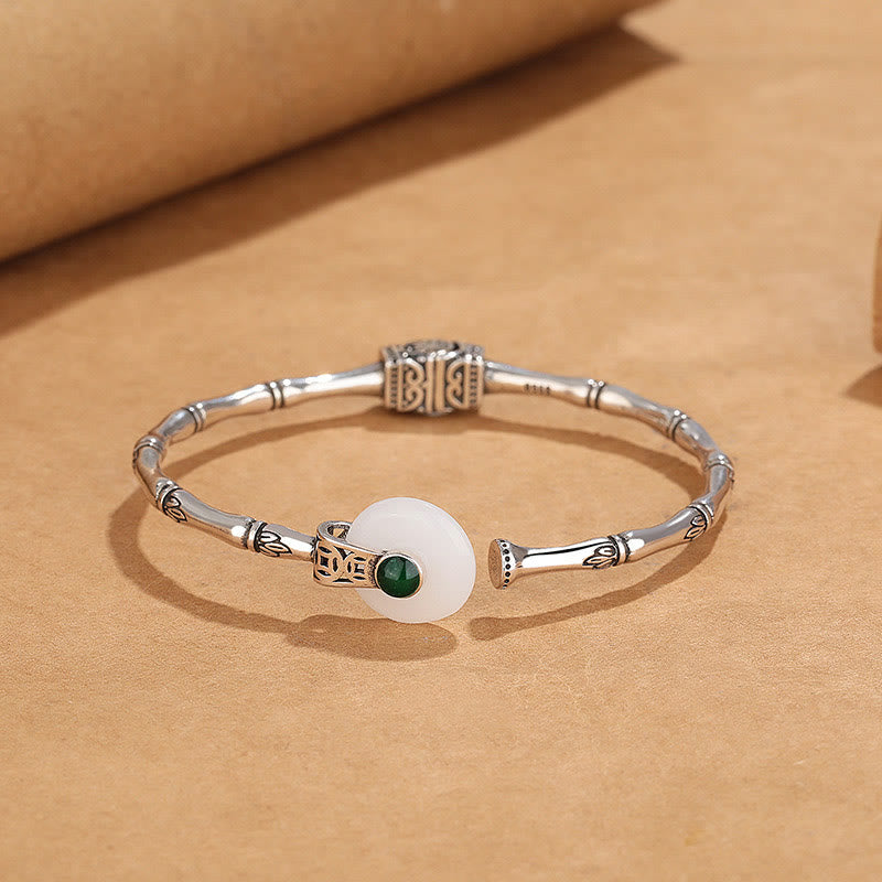 Brazalete de cobre con diseño de bambú y hebilla de paz de jade blanco y Buddha Stones