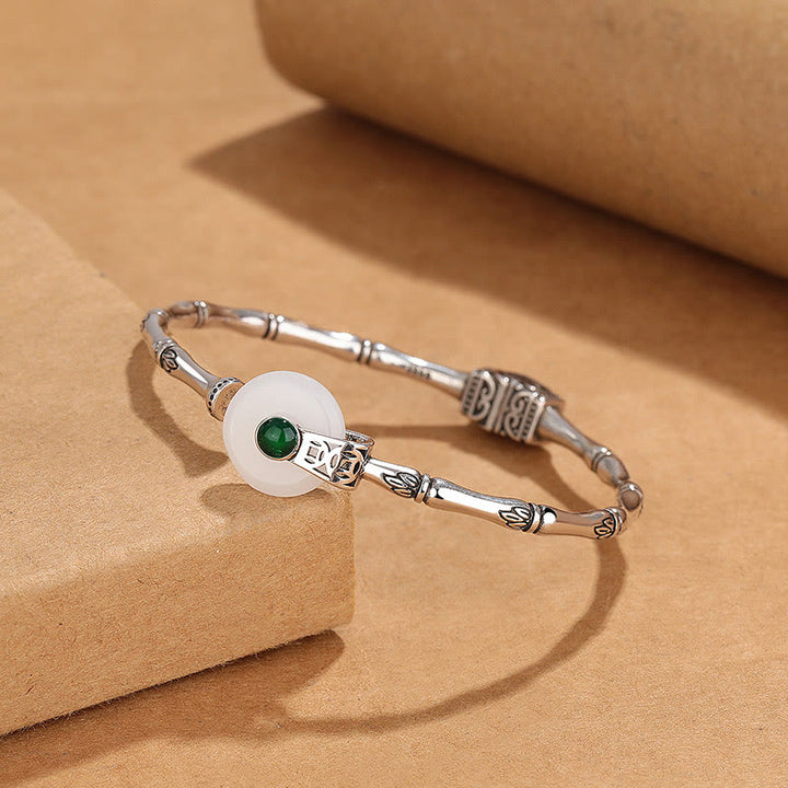 Brazalete de cobre con diseño de bambú y hebilla de paz de jade blanco y Buddha Stones