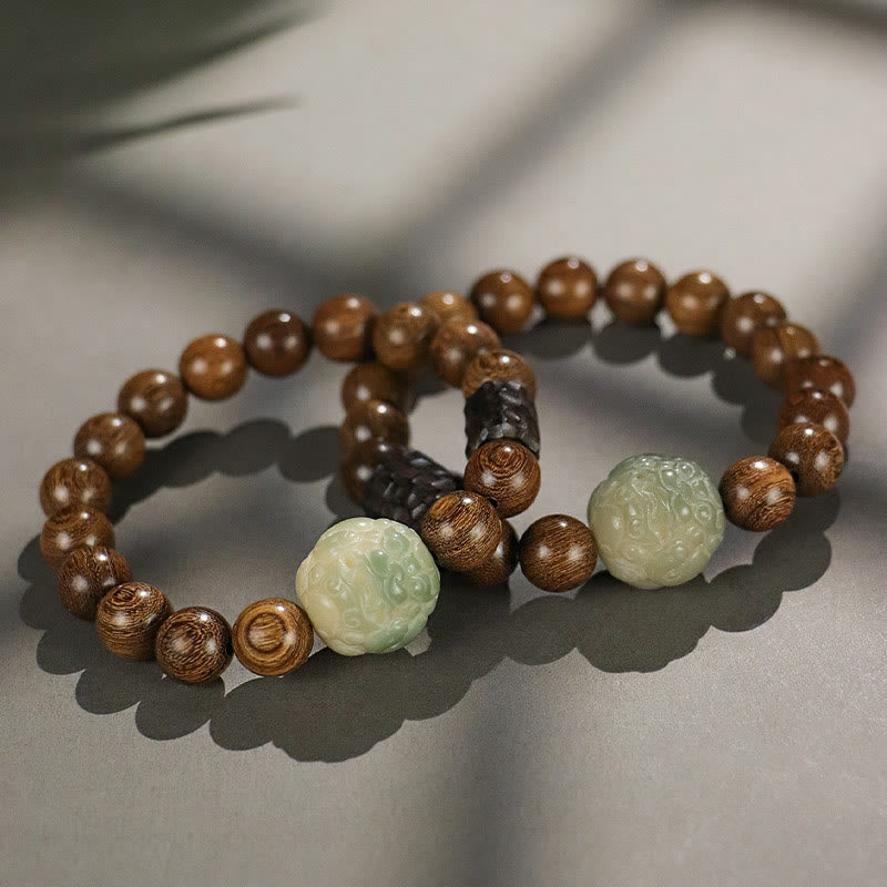 Pulsera curativa con Buddha Stones de madera de ébano, semillas de Bodhi, sándalo y PiXiu