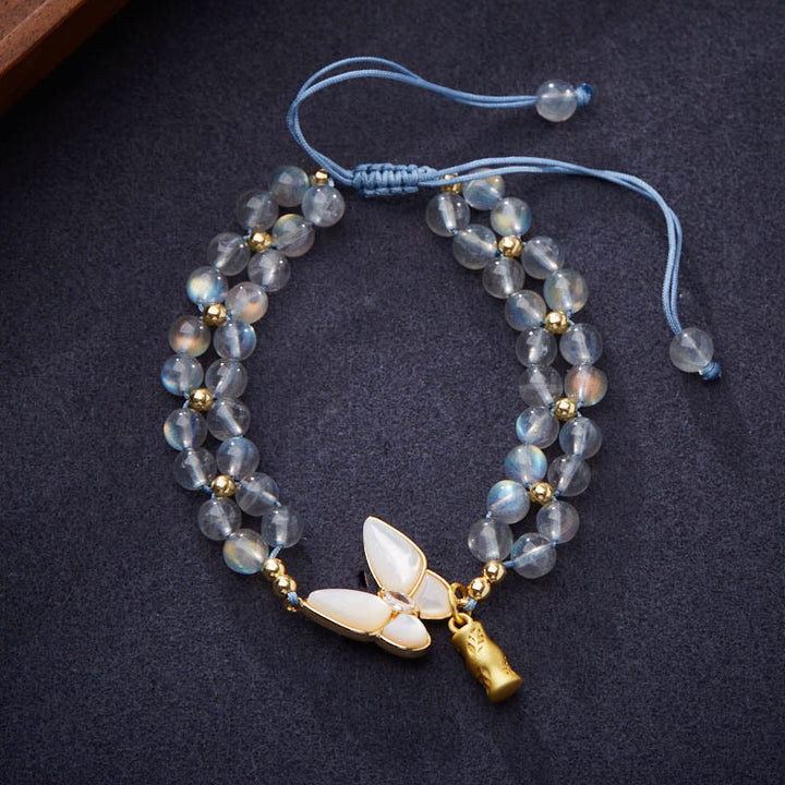 Buddha Stones Pulsera de bambú curativa con mariposas y piedra lunar natural - Piedra lunar (circunferencia de la muñeca: 14-21 cm) - image 0