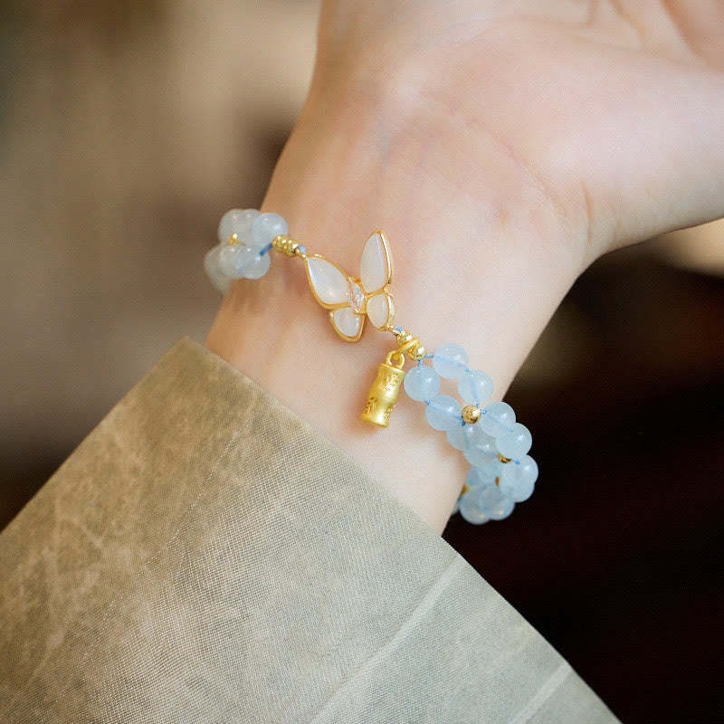 Buddha Stones Pulsera curativa de bambú con mariposa, amatista, aguamarina y piedra lunar natural - image 2