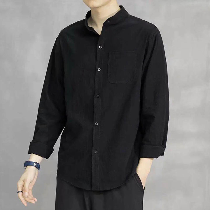 Camisa de lino cómoda de manga larga con cuello alto y bolsillo para hombre Buddha Stones - Negro - US/UK/AU46, EU56 (5XL) - image 16