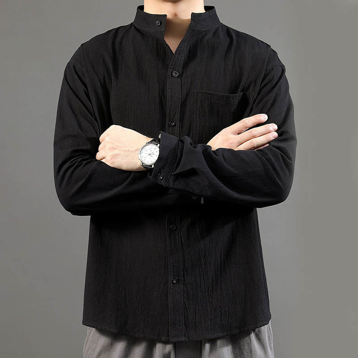 Camisa de lino cómoda de manga larga con cuello alto y bolsillo para hombre Buddha Stones - image 18