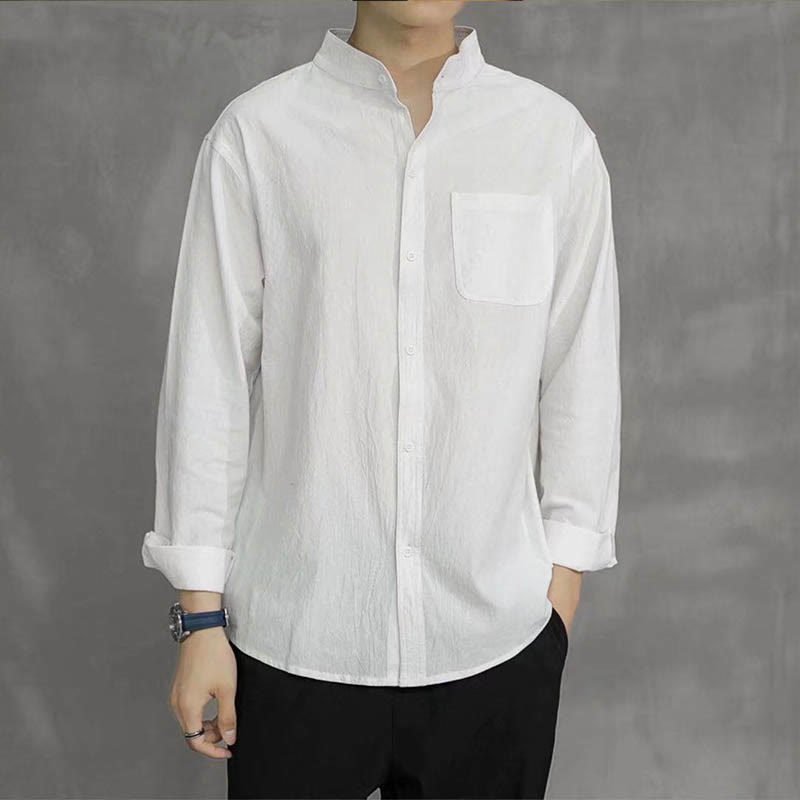 Camisa de lino cómoda de manga larga con cuello alto y bolsillo para hombre Buddha Stones - image 14