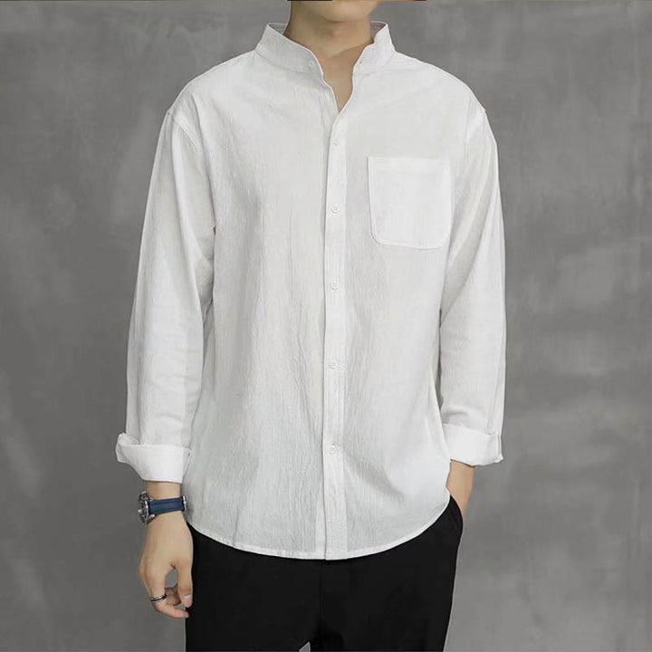 Camisa de lino cómoda de manga larga con cuello alto y bolsillo para hombre Buddha Stones - image 14