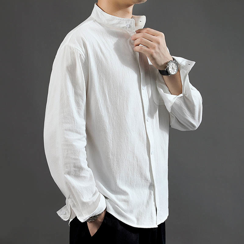 Camisa de lino cómoda de manga larga con cuello alto y bolsillo para hombre Buddha Stones - image 15