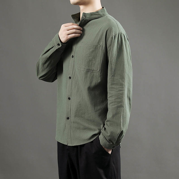 Camisa de lino cómoda de manga larga con cuello alto y bolsillo para hombre Buddha Stones - image 6