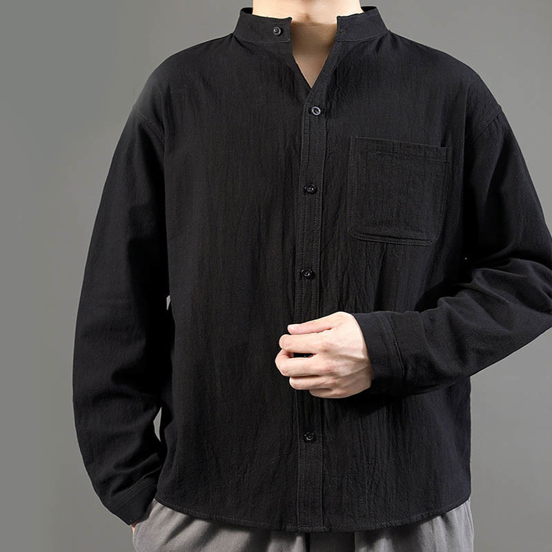 Camisa de lino cómoda de manga larga con cuello alto y bolsillo para hombre Buddha Stones - image 19