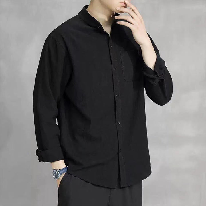 Camisa de lino cómoda de manga larga con cuello alto y bolsillo para hombre Buddha Stones - image 21