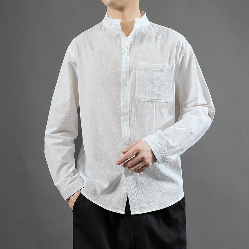Camisa de lino cómoda de manga larga con cuello alto y bolsillo para hombre Buddha Stones - Blanco - US/UK/AU46, EU56 (5XL) - image 10