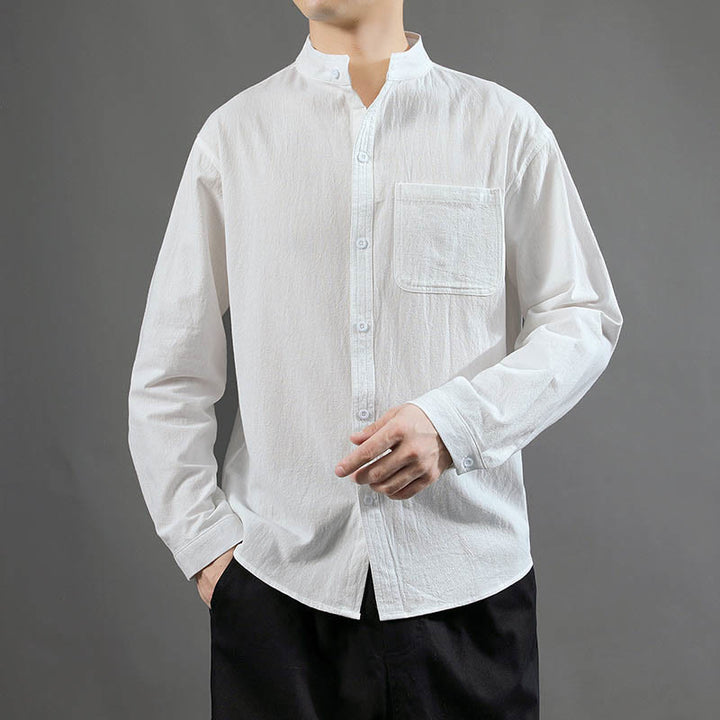 Camisa de lino cómoda de manga larga con cuello alto y bolsillo para hombre Buddha Stones - Blanco - US/UK/AU46, EU56 (5XL) - image 10