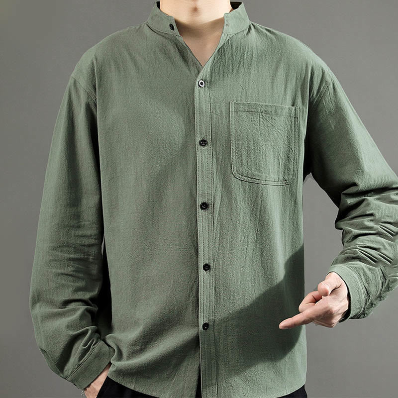 Camisa de lino cómoda de manga larga con cuello alto y bolsillo para hombre Buddha Stones - image 8