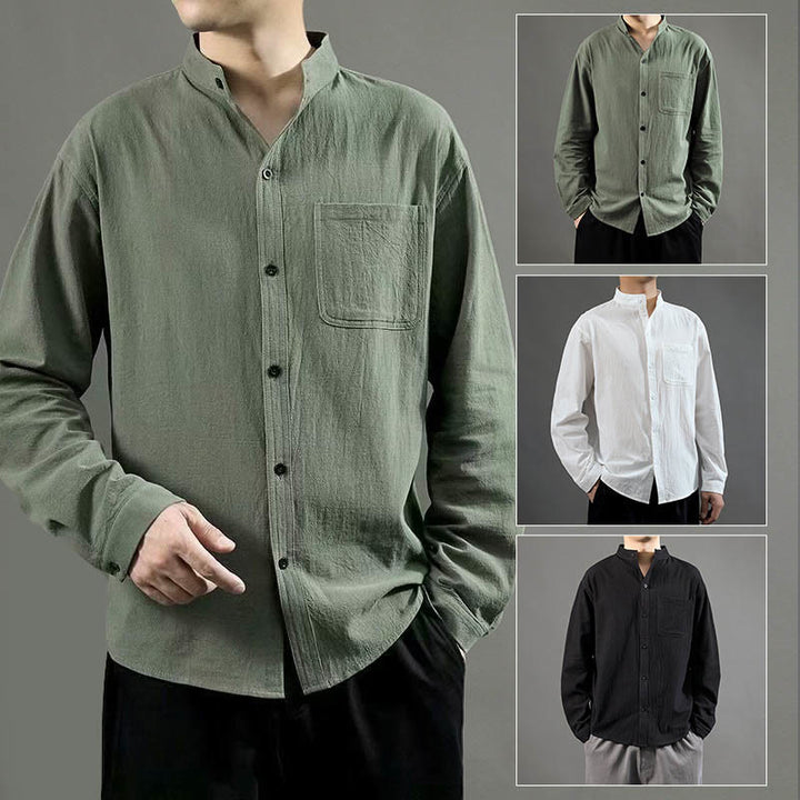 Camisa de lino cómoda de manga larga con cuello alto y bolsillo para hombre Buddha Stones - image 9