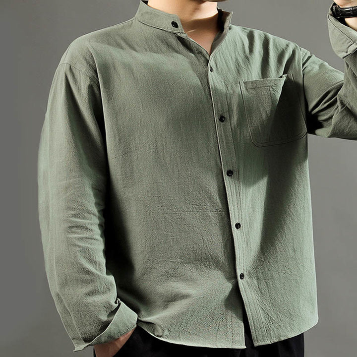 Camisa de lino cómoda de manga larga con cuello alto y bolsillo para hombre Buddha Stones - image 5