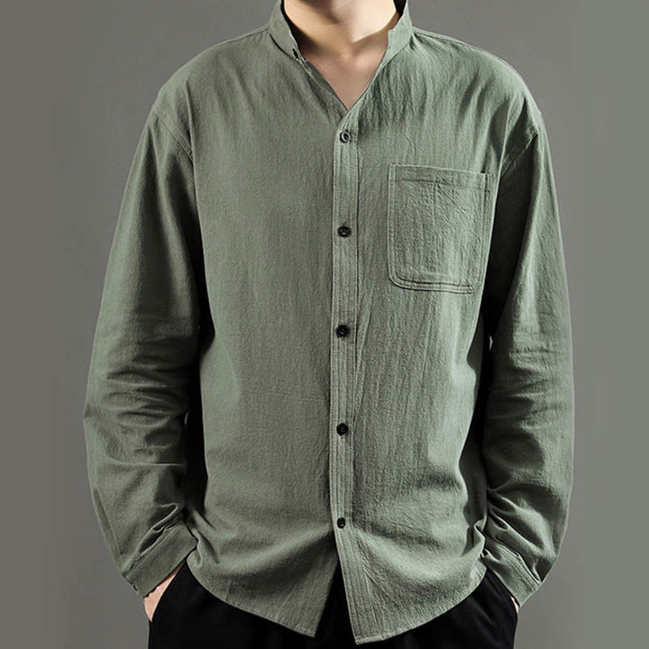Camisa de lino cómoda de manga larga con cuello alto y bolsillo para hombre Buddha Stones - image 2