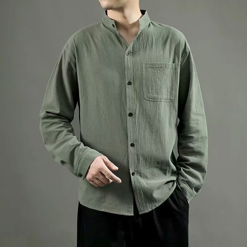 Camisa de lino cómoda de manga larga con cuello alto y bolsillo para hombre Buddha Stones - Verde oliva - US/UK/AU46, EU56 (5XL) - image 1
