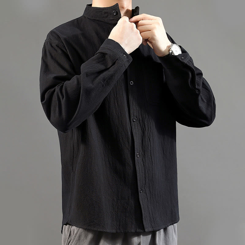 Camisa de lino cómoda de manga larga con cuello alto y bolsillo para hombre Buddha Stones - image 22