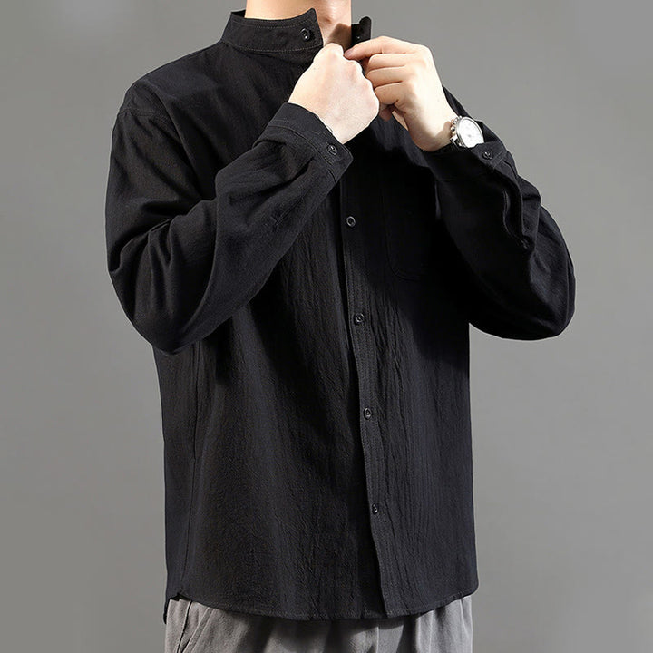 Camisa de lino cómoda de manga larga con cuello alto y bolsillo para hombre Buddha Stones - image 22