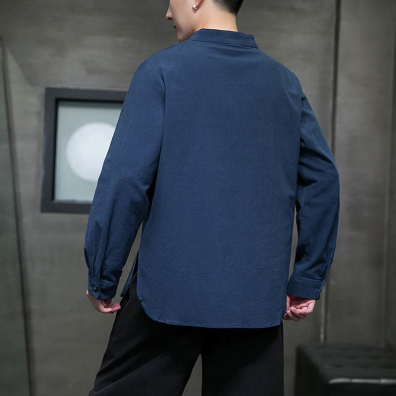 Camisa de lino y algodón cómoda con cuello alto y manga larga para hombre de Buddha Stones - image 7