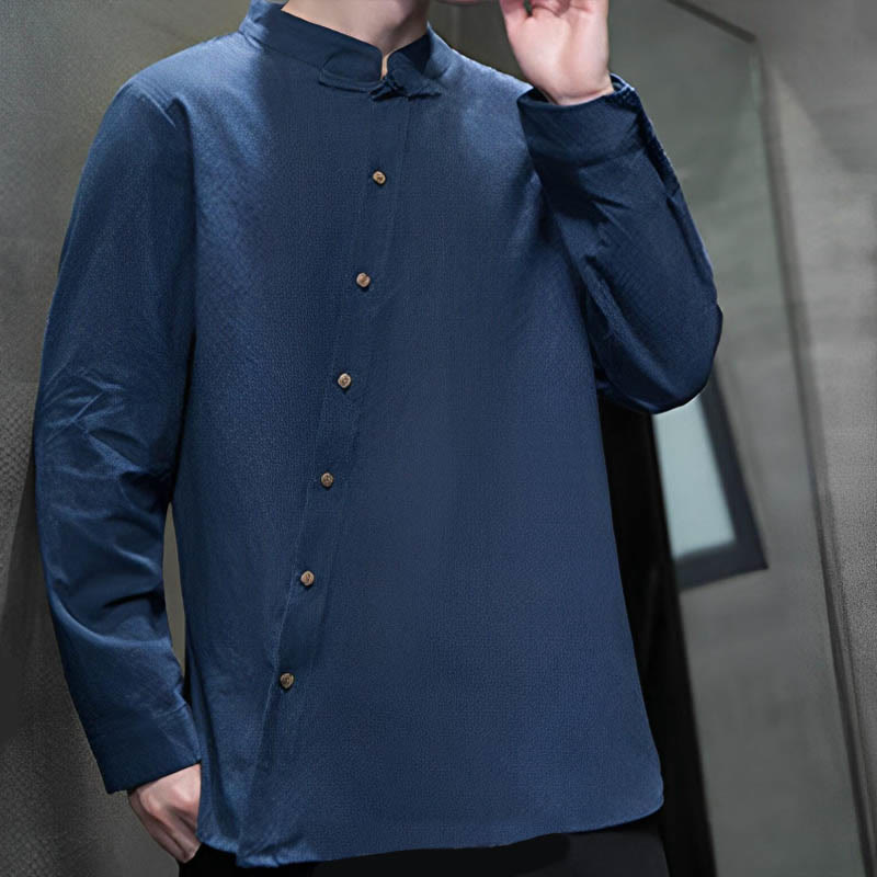 Camisa de lino y algodón cómoda con cuello alto y manga larga para hombre de Buddha Stones - image 8