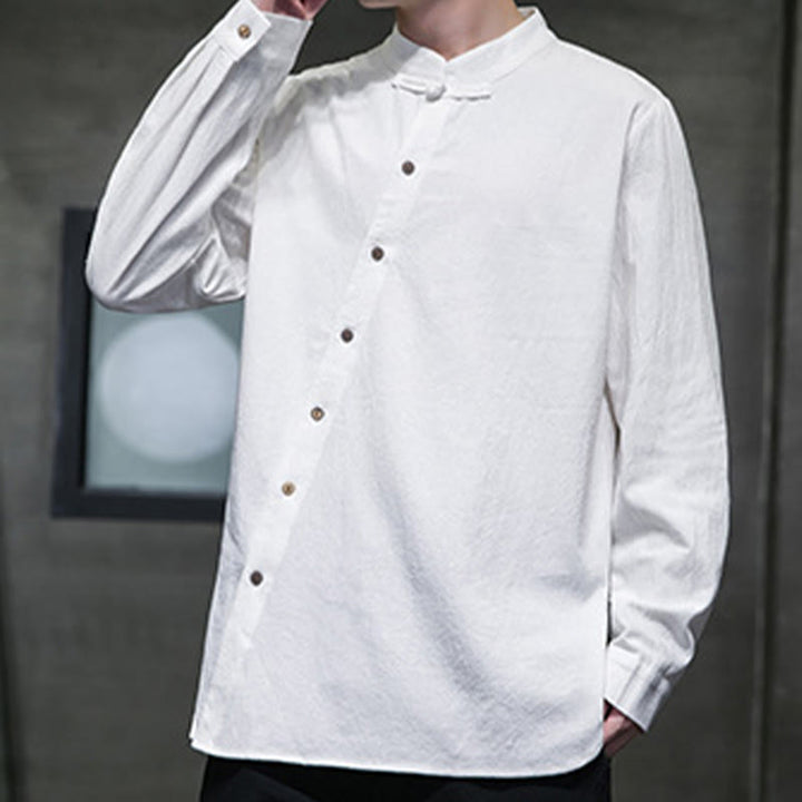 Camisa de lino y algodón cómoda con cuello alto y manga larga para hombre de Buddha Stones - image 3