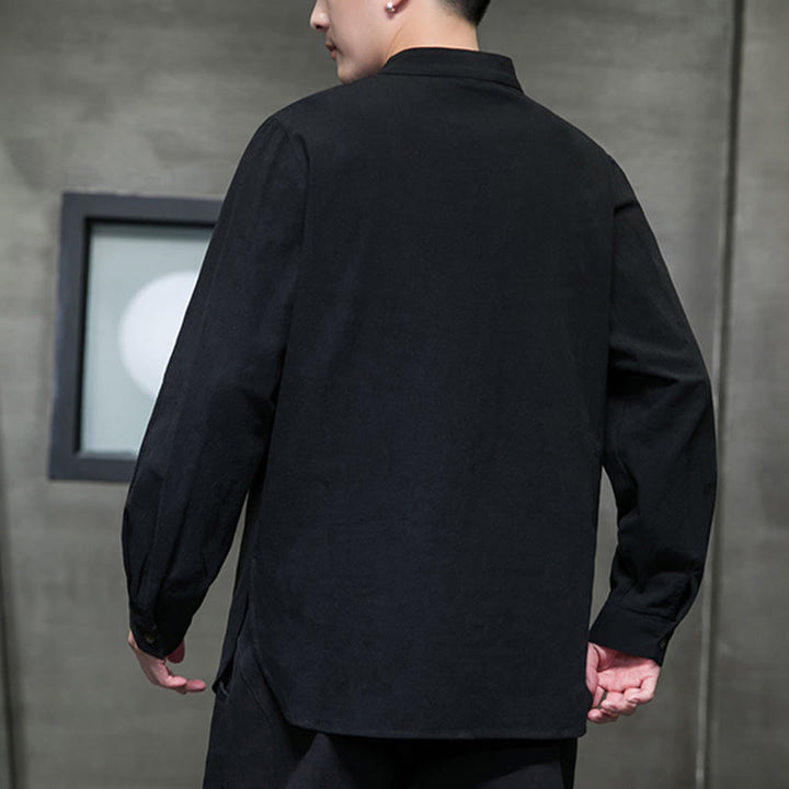 Camisa de lino y algodón cómoda con cuello alto y manga larga para hombre de Buddha Stones - image 15
