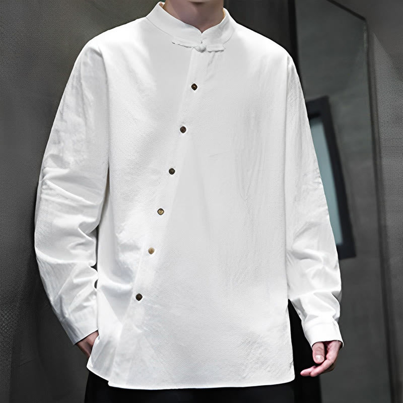 Camisa de lino y algodón cómoda con cuello alto y manga larga para hombre de Buddha Stones - image 4