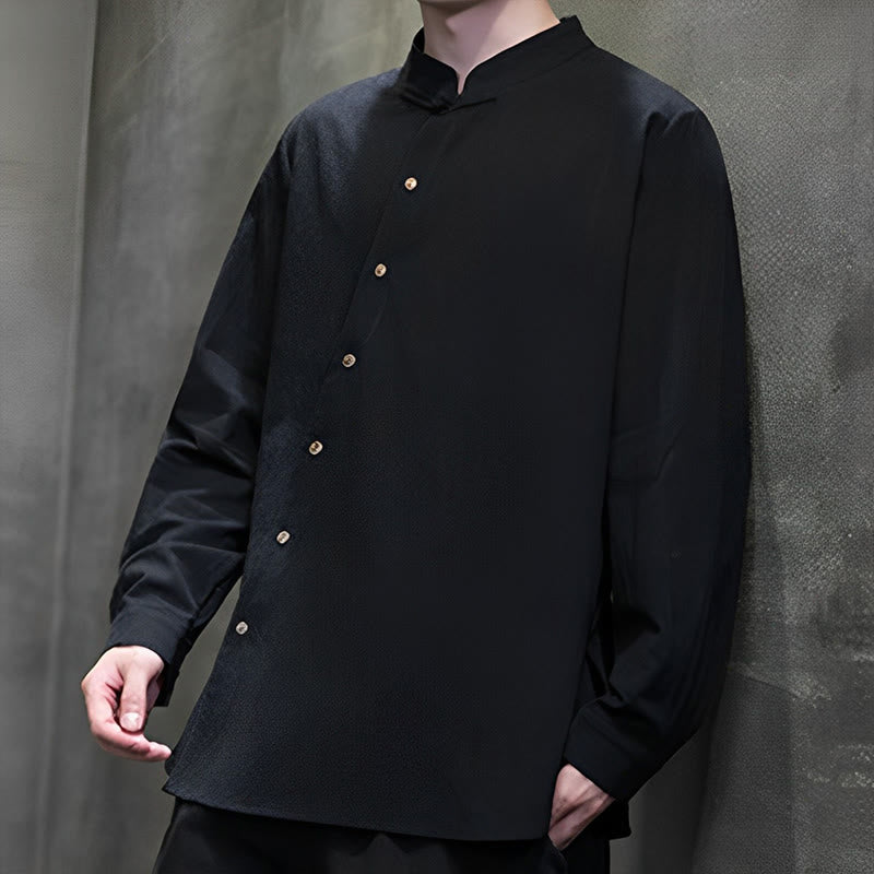 Camisa de lino y algodón cómoda con cuello alto y manga larga para hombre de Buddha Stones - image 17