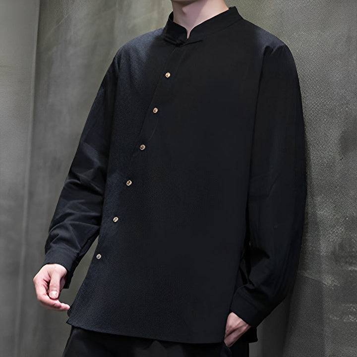 Camisa de lino y algodón cómoda con cuello alto y manga larga para hombre de Buddha Stones - image 17