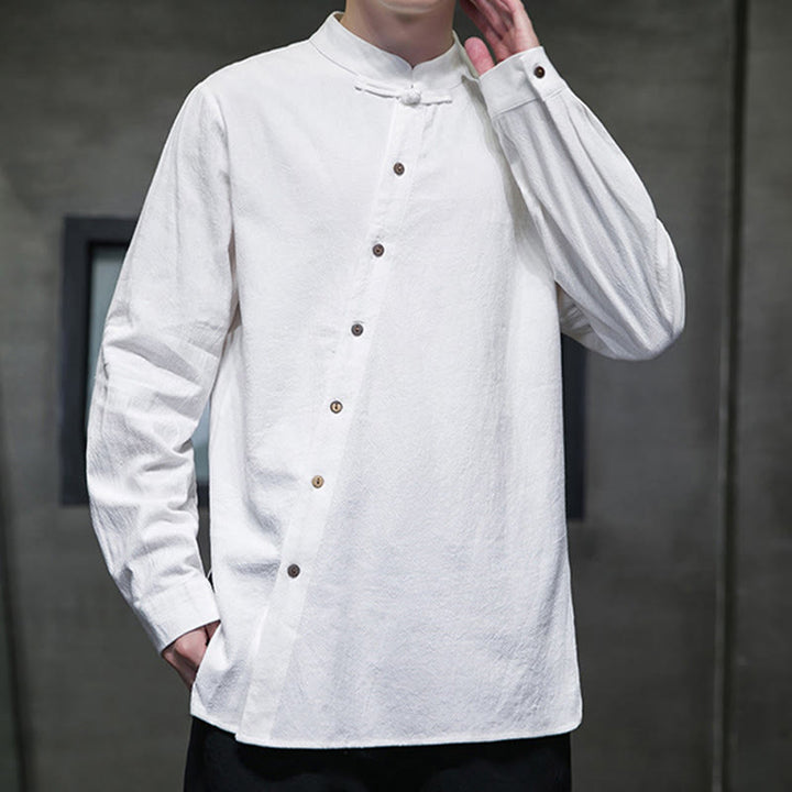 Camisa de lino y algodón cómoda con cuello alto y manga larga para hombre de Buddha Stones - image 5