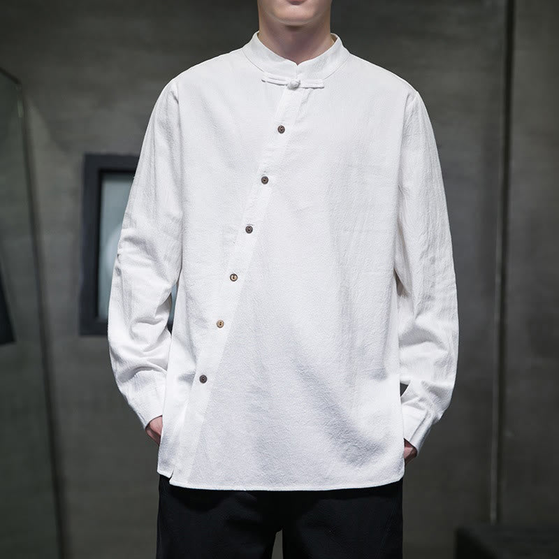 Camisa de lino y algodón cómoda con cuello alto y manga larga para hombre de Buddha Stones - Blanco - US/UK/AU46, EU56 (5XL) - image 0