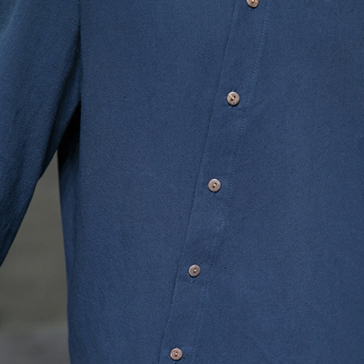 Camisa de lino y algodón cómoda con cuello alto y manga larga para hombre de Buddha Stones - image 13