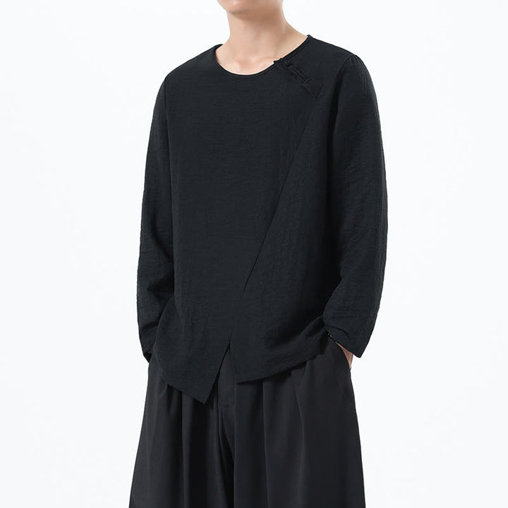 Camisa de lino y algodón cómoda con cuello redondo y manga larga para hombre de Buddha Stones - image 29