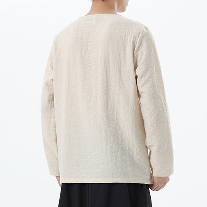 Camisa de lino y algodón cómoda con cuello redondo y manga larga para hombre de Buddha Stones - image 16