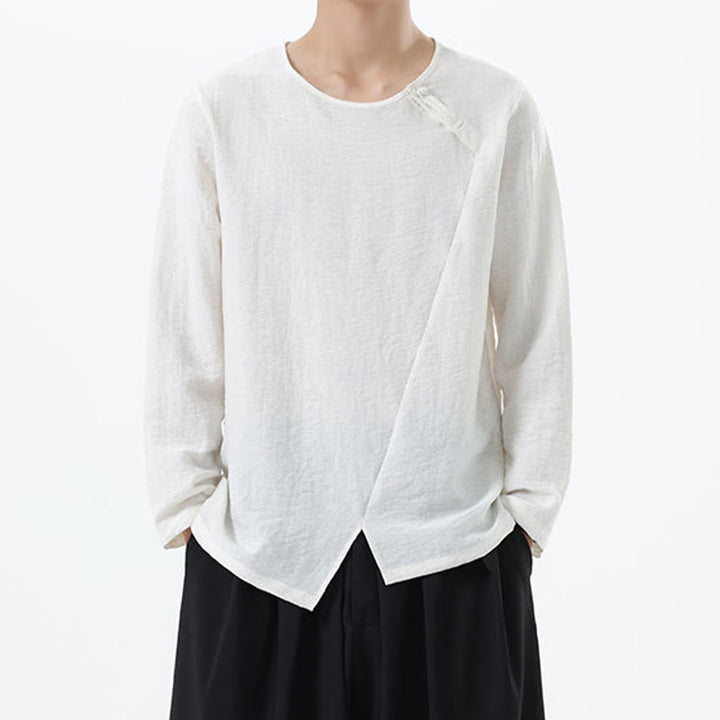 Camisa de lino y algodón cómoda con cuello redondo y manga larga para hombre de Buddha Stones - Blanco - US/UK/AU46, EU56 (5XL) - image 6