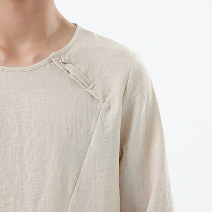 Camisa de lino y algodón cómoda con cuello redondo y manga larga para hombre de Buddha Stones - image 23
