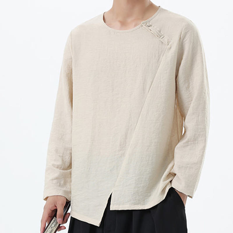 Camisa de lino y algodón cómoda con cuello redondo y manga larga para hombre de Buddha Stones - image 17