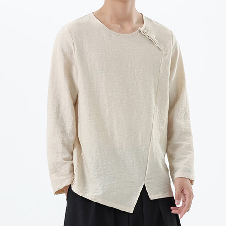 Camisa de lino y algodón cómoda con cuello redondo y manga larga para hombre de Buddha Stones - image 20