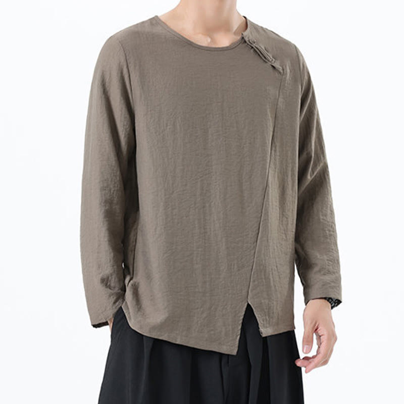 Camisa de lino y algodón cómoda con cuello redondo y manga larga para hombre de Buddha Stones - image 3