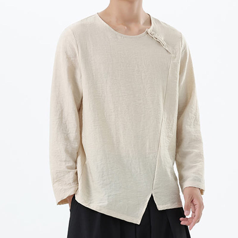 Camisa de lino y algodón cómoda con cuello redondo y manga larga para hombre de Buddha Stones - image 20