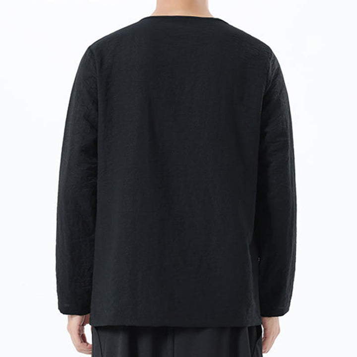 Camisa de lino y algodón cómoda con cuello redondo y manga larga para hombre de Buddha Stones - image 28