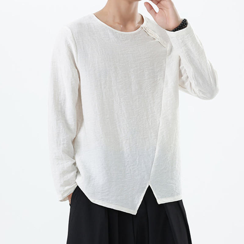 Camisa de lino y algodón cómoda con cuello redondo y manga larga para hombre de Buddha Stones - image 10